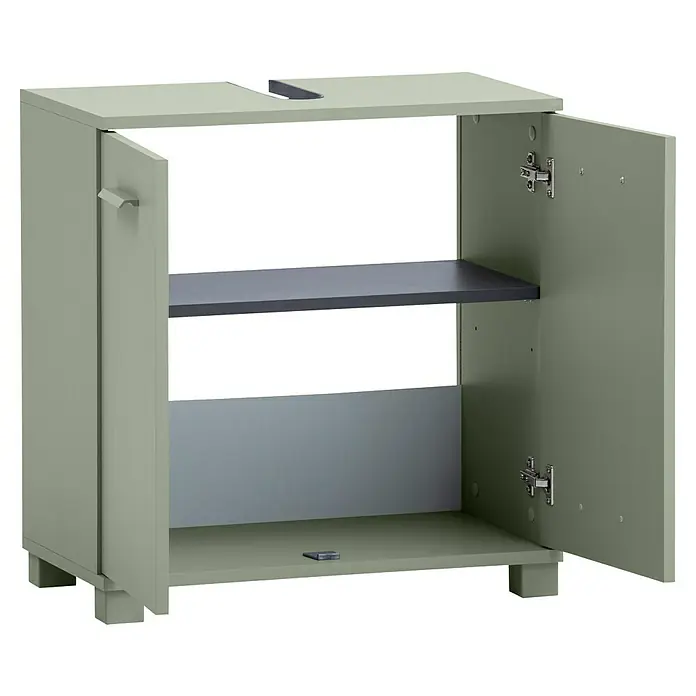 Schildmeyer Mono Waschtischunterschrank - B x T x H: 60 x 32,6 x 62,4 cm, Pistazie, Matt - Nahaufnahme eines offenen grünen Unterschranks mit zwei Regalen, der Stauraum bietet.