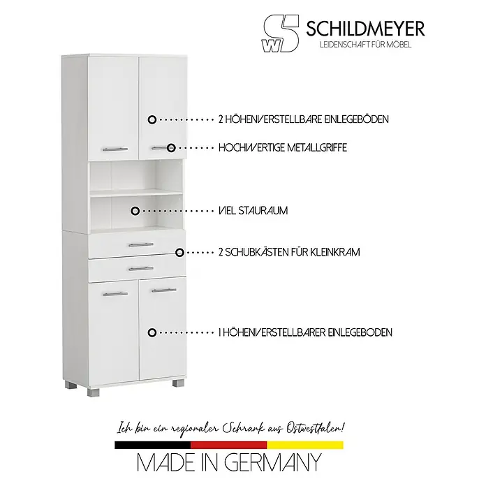 Schildmeyer Emmi Hochschrank - B x T x H: 60 x 32,6 x 181 cm, Weiß, Matt - Abbildung eines weißen Schildmeyer Schranks mit verstellbaren Einlegeböden und Schubkästen für zusätzlichen Stauraum.