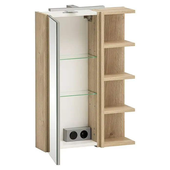Schildmeyer Mads LED-Spiegelschrank - B x H: 50 x 75 cm, Weißeiche - Offener Spiegelschrank mit Fächern und Steckdose, ideal für Badaccessoires und Kosmetik. Praktische Aufbewahrung für Ihr Badezimmer.