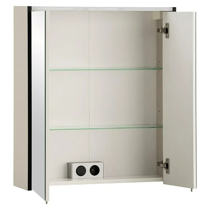 Schildmeyer Edda LED-Spiegelschrank - B x H: 63,5 x 72,4 cm, Beige/Schwarz - Offener Badezimmerschrank mit Spiegeltür, Glasböden und Steckdose. Ideal für die Aufbewahrung von Badutensilien.