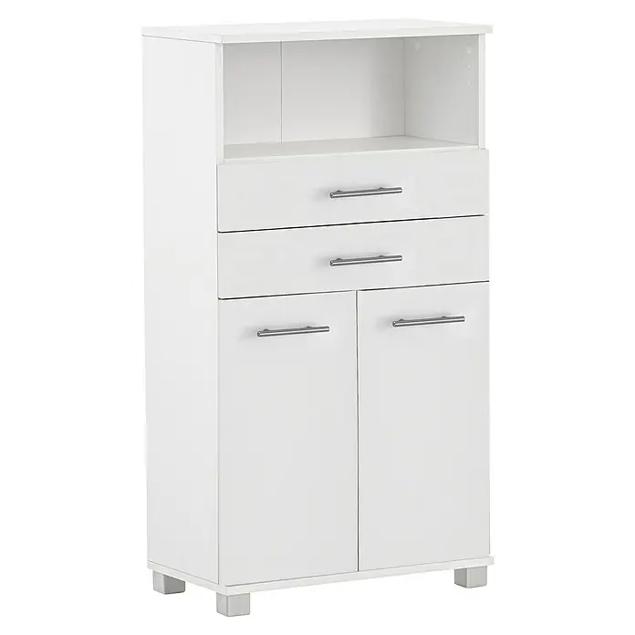 Schildmeyer Emmi Highboard - B x T x H: 60 x 32,6 x 110,5 cm, Weiß, Matt - Weißer Küchenschrank mit offenen Fächern, Schubladen und Türen. Silberne Griffe runden das moderne Design ab.