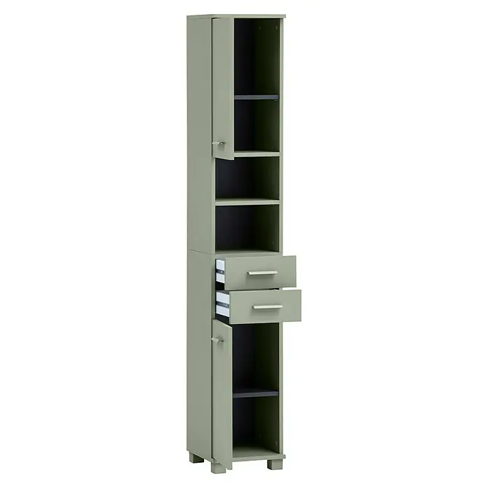 Schildmeyer Mono Hochschrank - B x T x H: 30 x 32,6 x 181 cm, Pistazie, Matt - Ein schlanker, olivfarbener Metallschrank mit offenen Fächern, Schubladen und einer Tür für vielseitige Aufbewahrung.