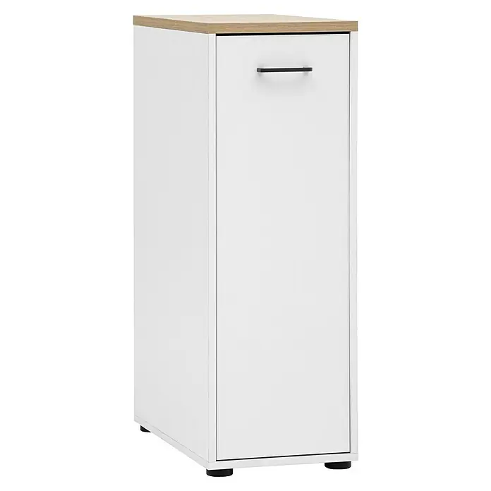 Schildmeyer Solea Apotheker-Hochschrank - Weiß/Eiche, B x H: 32,5 x 95,8 cm - Elegantes, weißes Möbelstück mit einer Schublade und einer hellen Holzplatte für ein modernes und stilvolles Zuhause.