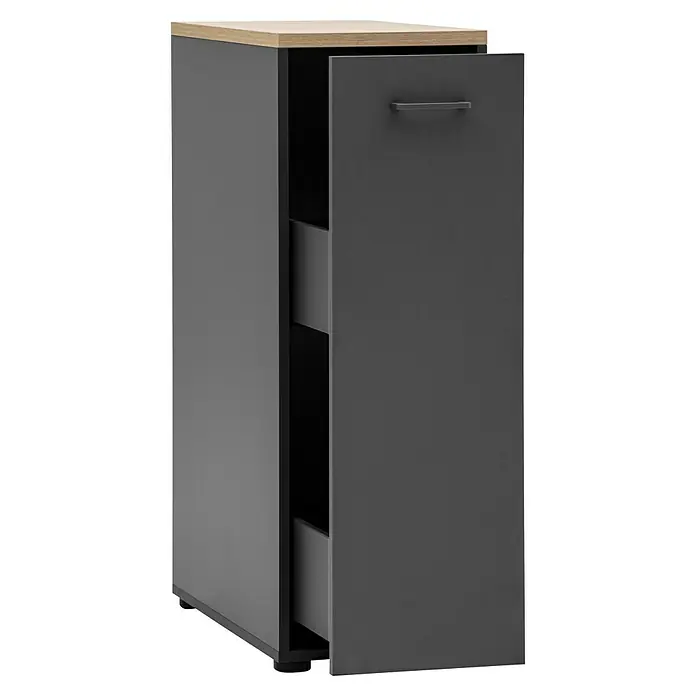 Schildmeyer Solea Apotheker-Hochschrank - Anthrazit/Eiche, B x H: 32,5 x 95,8 cm - Ein schmaler grauer Küchenschrank mit einer hellen Holzplatte und einer Schublade, die leicht geöffnet ist, im modernen Design.