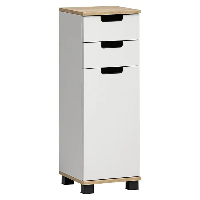 Schildmeyer Emmi Midischrank - B x T x H: 30 x 32,6 x 88 cm, Weiß/Eiche, Matt - Ein moderner, schmaler Schubladenschrank in Weiß und Holzoptik, ideal für Büro oder Zuhause. Die schwarzen Griffe setzen einen stilvollen Akzent.