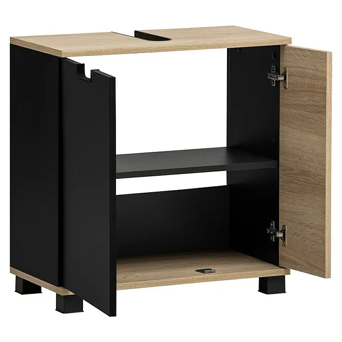 Schildmeyer Emmi Waschtischunterschrank - B x T x H: 60 x 32,6 x 62,4 cm, Schwarz/Eiche, Matt - Ein moderner Waschtischunterschrank in Holz- und Schwarzoptik, der Stauraum und Stil vereint. Ideal für jedes Badezimmer.