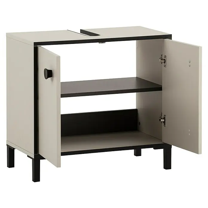 Schildmeyer Edda Waschtischunterschrank - B x T x H: 65 x 33 x 60 cm, Beige/Schwarz, Matt, 2 Türen - Ein offener Badezimmerschrank mit zwei Regalen und zwei Türen. Der Schrank hat eine helle Farbe und steht auf schwarzen Beinen.
