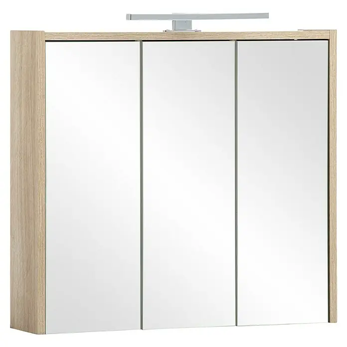 Schildmeyer Sander LED-Spiegelschrank - B x H: 65 x 62,7 cm, Weißeiche - Dreitüriger Spiegelschrank in hellem Holzrahmen mit aufgesetzter Beleuchtung für Badezimmer, praktisch und stilvoll.
