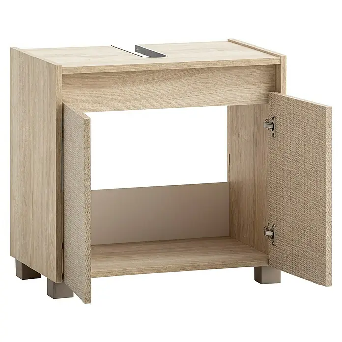 Schildmeyer Sander Waschtischunterschrank - B x T x H: 57 x 33 x 55 cm, Weißeiche/Canasta, Matt - Dieses Bild zeigt einen Waschtischunterschrank in hellem Holzdekor mit geöffneten Türen, der Stauraum im Badezimmer bietet.