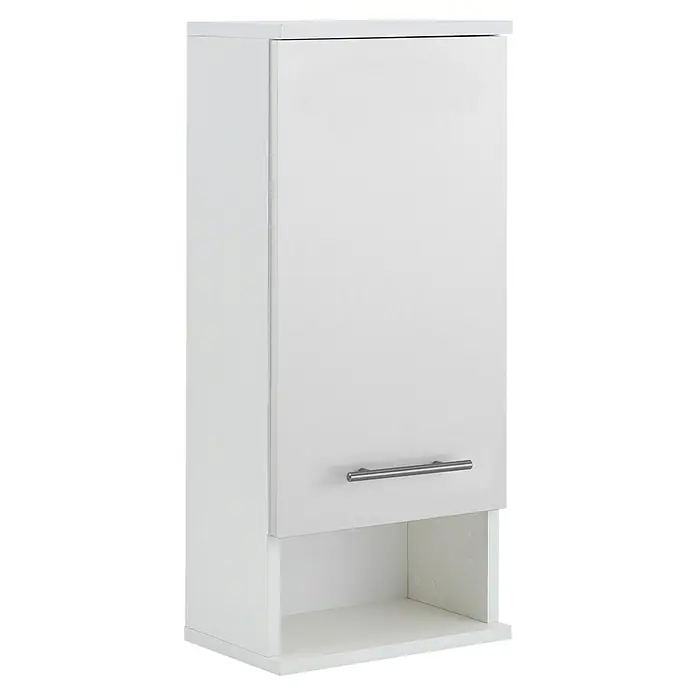Schildmeyer Emmi Hängeschrank - B x T x H: 30 x 20,5 x 71 cm, Weiß, Matt - Hier ist ein hochformatiger, weißer Badezimmerschrank mit einer unteren Ablage und einem silberfarbenen Griff an der Schranktür.