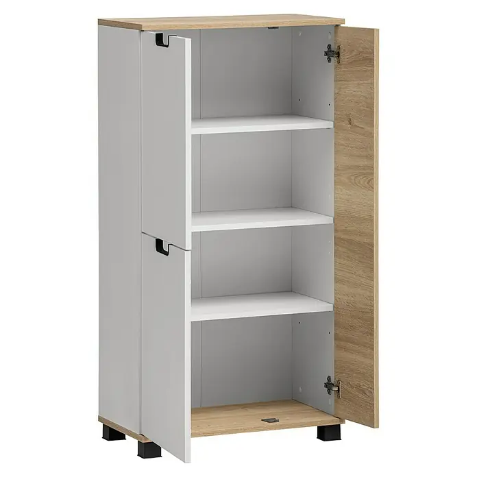 Schildmeyer Emmi Highboard - B x T x H: 60 x 32,6 x 117 cm, Weiß/Eiche, Matt - Ein geräumiger Aktenschrank mit Regalen und Schranktüren für eine praktische Büroorganisation.