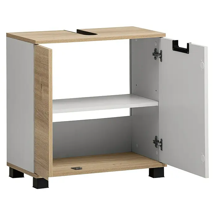 Schildmeyer Emmi Waschtischunterschrank - B x T x H: 60 x 32,6 x 62,4 cm, Weiß/Eiche, Matt - Ein Waschbeckenunterschrank in Holzoptik und Weiß mit offener Tür und einem Regal. Praktisch und stilvoll für jedes Badezimmer.
