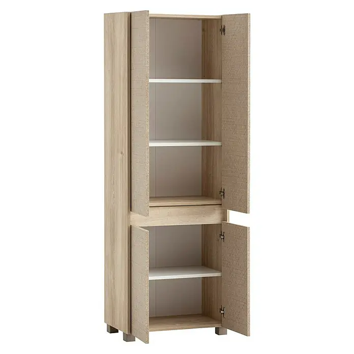 Schildmeyer Sander Hochschrank - B x T x H: 57 x 33 x 164,5 cm, Weißeiche/Canasta, Matt - Ein geräumiger, offener Holzschrank mit weißen Regalen und zwei Türen, ideal für die Aufbewahrung verschiedener Gegenstände.