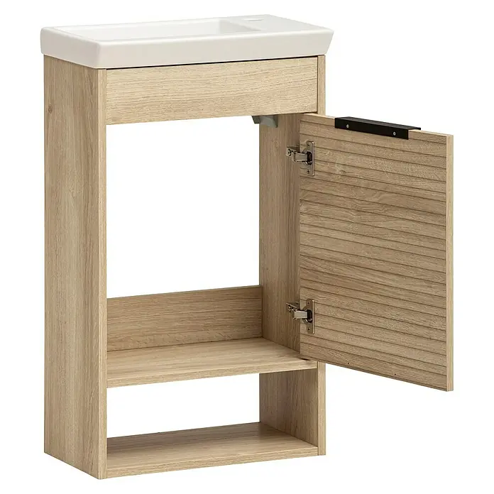 Schildmeyer Mads Badmöbel-Set - Gesamtbreite Badmöbel: 45,5 cm, Weißeiche, Matt - Ein moderner Waschtischunterschrank in Holzoptik mit Schublade und offener Tür, ideal für jedes Badezimmer.