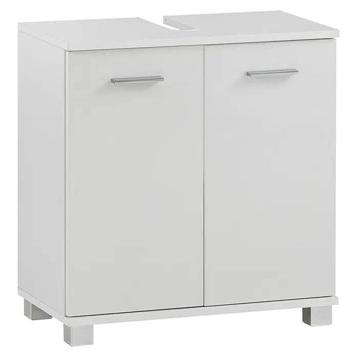 Schildmeyer Dorina Waschtischunterschrank - B x T x H: 60 x 32,6 x 62,4 cm, Weiß, Glanz - Weißer Badezimmerschrank mit zwei Türen und silbernen Griffen, ideal zur Aufbewahrung und stilvollen Ergänzung des Badezimmers.