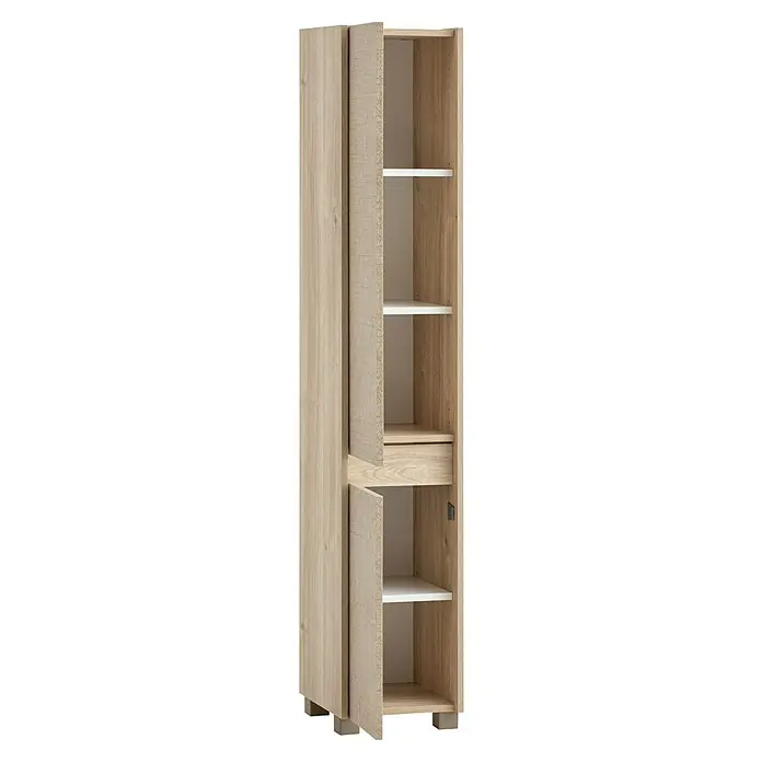 Schildmeyer Sander Hochschrank - B x T x H: 30 x 33 x 164,5 cm, Weißeiche/Canasta, Matt - Schmaler Holzschrank mit Tür, Regalen und Schublade für mehr Stauraum. Ideal für Bad oder Flur.