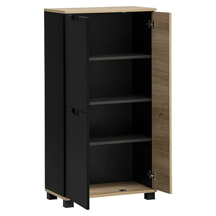 Schildmeyer Emmi Highboard - B x T x H: 60 x 32,6 x 117 cm, Schwarz/Eiche, Matt - Ein offener Schrank mit schwarzer Tür und Holzböden bietet viel Stauraum. Modernes Design für Ihr Zuhause.