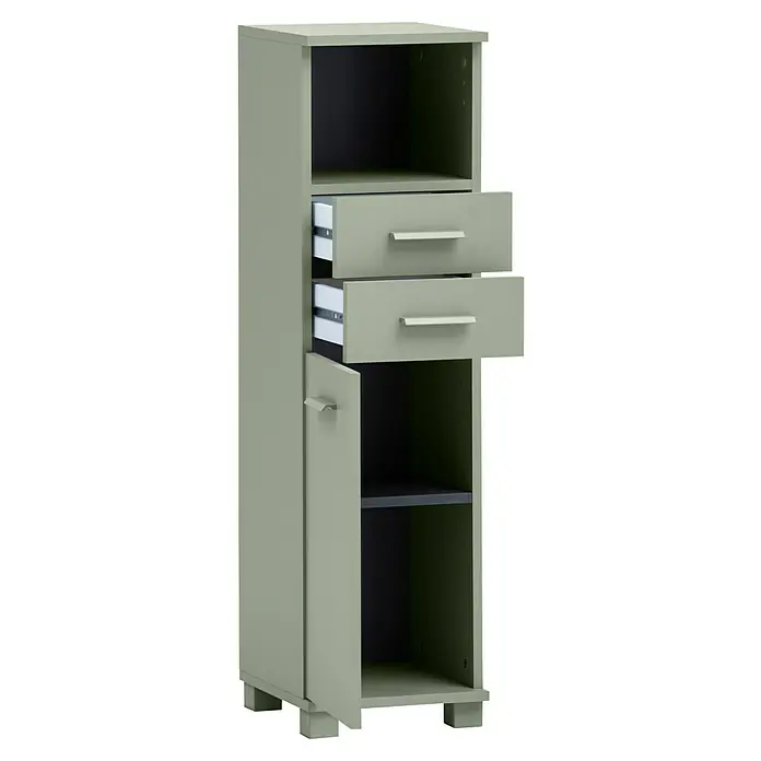 Schildmeyer Mono Highboard - B x T x H: 30 x 32,6 x 110,5 cm, Pistazie, Matt - Dieser moderne, olivgrüne Badezimmerschrank bietet Stauraum mit offenen Regalen und Schubladen. Eine Tür verbirgt zusätzlichen Stauraum.