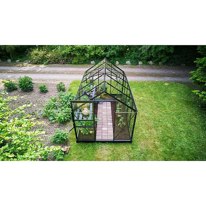 Halls Gewächshaus Popular 106 - Außenmaß inkl. Dachüberstand (B x T): 193 x 319 cm, Blankglas, 3 mm, Schwarz - Ein geräumiges Gewächshaus mit geöffneter Tür, umgeben von einem üppigen Garten, ideal für den Anbau verschiedener Pflanzen und Gemüse.