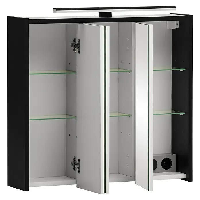 Schildmeyer Emmi LED-Spiegelschrank - B x H: 65 x 62,7 cm, Schwarz - Offener Spiegelschrank mit Glasablagen und schwarzen Akzenten. Das Innere des Schranks ist weiß, die Türen sind teilweise geöffnet.