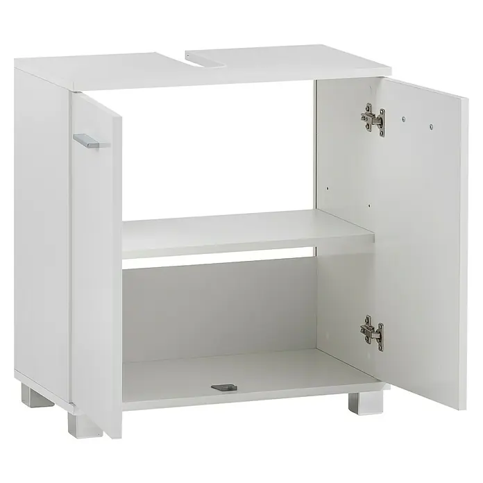 Schildmeyer Dorina Waschtischunterschrank - B x T x H: 60 x 32,6 x 62,4 cm, Weiß, Glanz - Ein offener, weißer Badezimmerschrank mit zwei Türen und einem Regal. Ideal für die Aufbewahrung von Badutensilien.