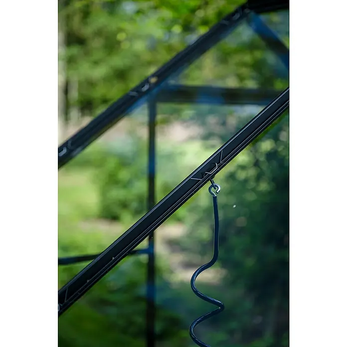Halls Gewächshaus Popular 106 - Außenmaß inkl. Dachüberstand (B x T): 193 x 319 cm, Einscheibensicherheitsglas, 3 mm, Schwarz - Detailaufnahme eines Gewächshausfensters mit Beschlägen und einem schwarzen Kabel, das an der Seite herunterhängt, vor verschwommenem Grün.