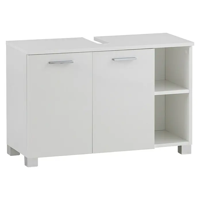 Schildmeyer Dorina Waschtischunterschrank - B x T x H: 80 x 32 x 53 cm, Weiß, Glanz - Weißer Waschtischunterschrank mit zwei Türen und einem offenen Regal. Der Schrank hat chromfarbene Griffe und steht auf silbernen Füßen.