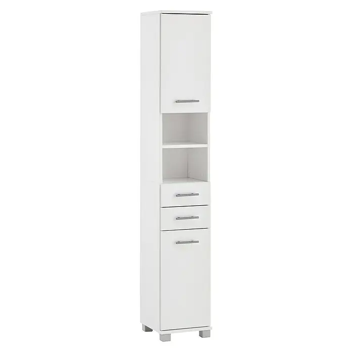 Schildmeyer Emmi Hochschrank - B x T x H: 30 x 32,6 x 181 cm, Weiß, Matt - Ein weißer Badezimmerschrank mit einem Fach, zwei Schubladen und einer Tür. Der Schrank hat silberne Griffe und eine glatte Oberfläche.