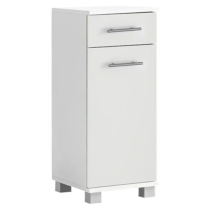 Schildmeyer Emmi Midischrank - B x T x H: 30 x 32,6 x 75 cm, Weiß, Matt - Aufnahme eines weißen Badezimmerschranks mit einer Schublade oben und einer Tür unten, beide mit horizontalen silbernen Griffen.