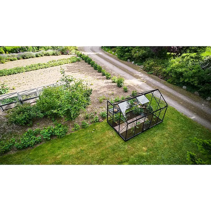 Halls Gewächshaus Popular 106 - Außenmaß inkl. Dachüberstand (B x T): 193 x 319 cm, Einscheibensicherheitsglas, 3 mm, Schwarz - Das Bild zeigt ein Gewächshaus im Garten, umgeben von Grünflächen und einem Weg. Das Gewächshaus bietet Schutz und ideale Bedingungen für Pflanzen.