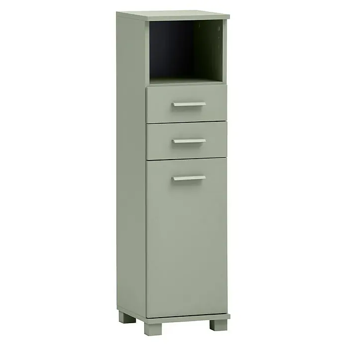 Schildmeyer Mono Highboard - B x T x H: 30 x 32,6 x 110,5 cm, Pistazie, Matt - Ein schmaler, hellgrüner Schrank mit einem offenen Fach oben und zwei Schubladen über einer Tür bietet praktischen Stauraum.