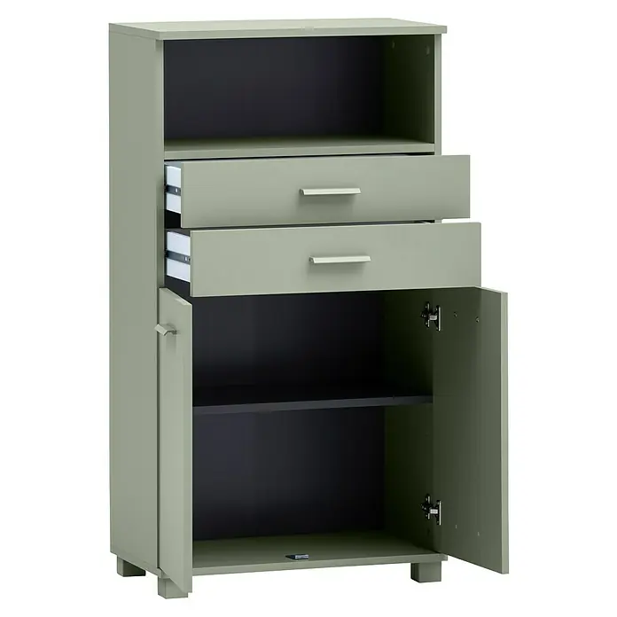 Schildmeyer Mono Highboard - B x T x H: 60 x 32,6 x 110,5 cm, Pistazie, Matt - Aufnahme eines offenen grünen Sideboards mit Schubladen und Einlegeböden, ideal für zusätzlichen Stauraum.
