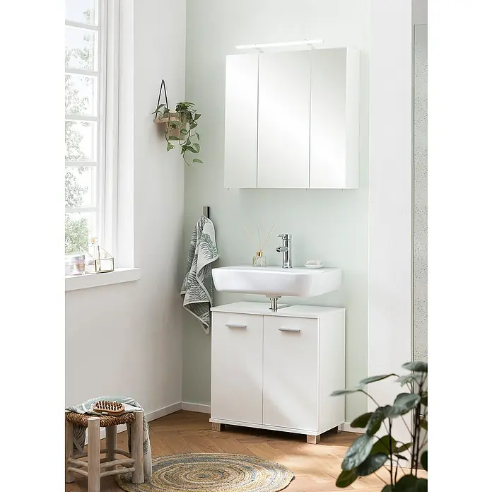 Schildmeyer Dorina Waschtischunterschrank - B x T x H: 60 x 32,6 x 62,4 cm, Weiß, Glanz - Badezimmer-Interieur mit weißem Waschtischunterschrank und Spiegelschrank, ideal für ein stilvolles und funktionales Bad.