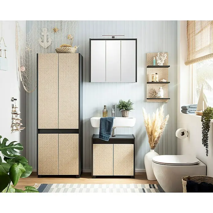 Schildmeyer Sander Hochschrank - B x T x H: 57 x 33 x 164,5 cm, Anthrazit/Canasta, Matt - Modernes Badezimmer-Set mit Waschbeckenunterschrank, Spiegelschrank und Hochschrank in maritimen Design, das eine stilvolle und praktische Badgestaltung ermöglicht.