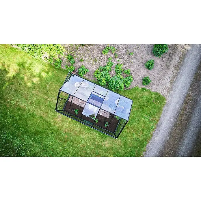 Halls Gewächshaus Popular 106 - Außenmaß inkl. Dachüberstand (B x T): 193 x 319 cm, Blankglas, 3 mm, Schwarz - Ein Gewächshaus mit Glaswänden und einem schwarzen Rahmen steht in einem Garten, umgeben von Grünfläche und Pflanzen.