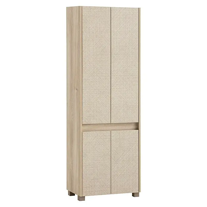 Schildmeyer Sander Hochschrank - B x T x H: 57 x 33 x 164,5 cm, Weißeiche/Canasta, Matt - Ein geräumiger Kleiderschrank in neutralen Farben mit vier Türen und einer Holzstruktur bietet viel Stauraum und passt gut in moderne Räume.