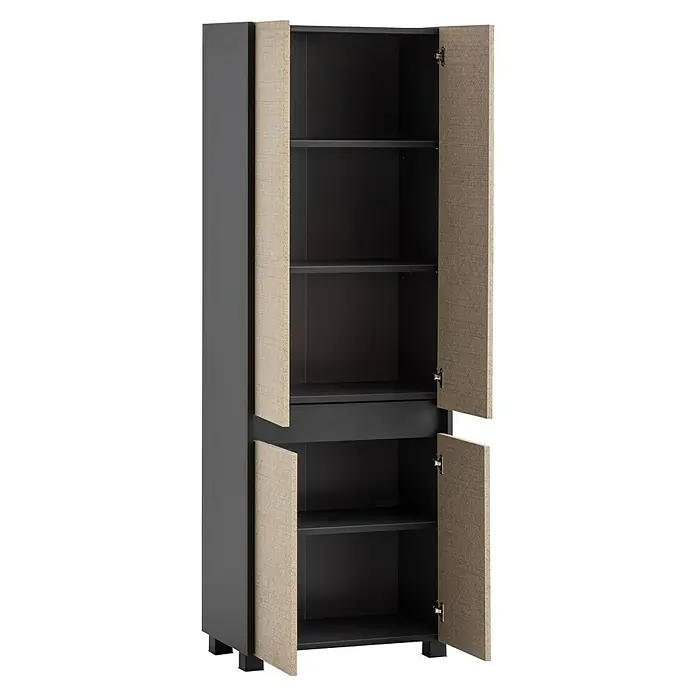Schildmeyer Sander Hochschrank - B x T x H: 57 x 33 x 164,5 cm, Anthrazit/Canasta, Matt - Ein moderner, grauer Hochschrank mit offenen Türen, der Einblick in die Regalfächer und eine Schublade gewährt. Elegantes Möbelstück für Stauraum.