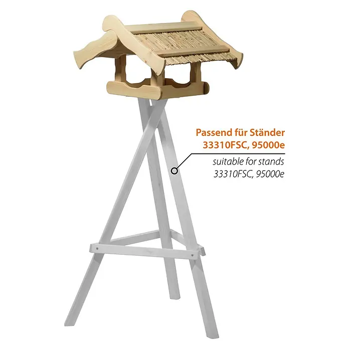 Dobar Vogelhaus - 50 x 44 x 32 cm, Holz, Natur - Ein detailreiches Foto eines Vogelhauses aus Holz mit Strohdach, das auf einem weißen Holzständer steht, perfekt für Gartenliebhaber.