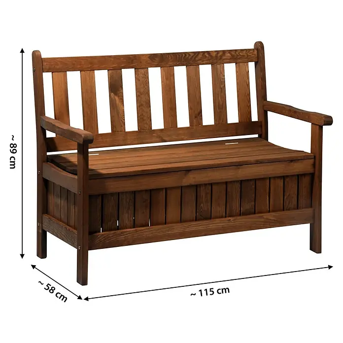 Dobar Gartenbank - B x T x H: 115 x 58 x 89 cm, Kiefer, Braun - Eine braune Holzbank mit Rückenlehne und Armlehnen, die auch als Stauraum genutzt werden kann. Perfekt für Garten oder Terrasse.