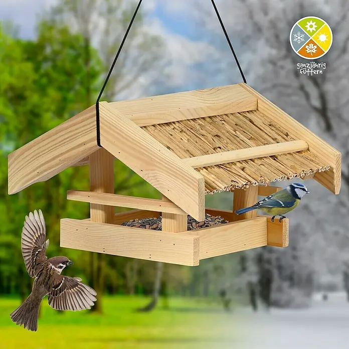 Dobar Vogelhaus Torshavn - Holz, Natur - Vogelhaus aus Holz mit zwei Vögeln, einer Blaumeise und einem Spatz, vor einem saisonalen Hintergrund.