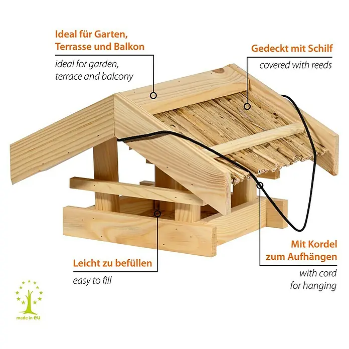 Dobar Vogelhaus Torshavn - Holz, Natur - Ein hölzernes Vogelhaus mit Reetdach und Kordel zum Aufhängen, ideal für Garten, Terrasse und Balkon. Leicht zu befüllen.
