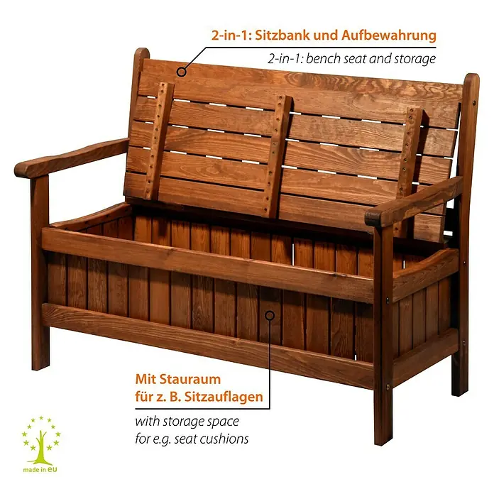 Dobar Gartenbank - B x T x H: 115 x 58 x 89 cm, Kiefer, Braun - Abbildung einer braunen Gartenbank mit Stauraum unter dem Sitz. Ideal für Sitzkissen und andere Gartenutensilien.