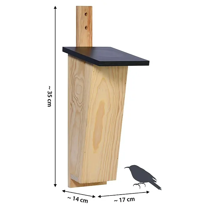 Dobar Nistkasten - Holz, Natur/ Dunkelbraun - Holz-Fledermauskasten mit schwarzem Dach und Holzhalterung.