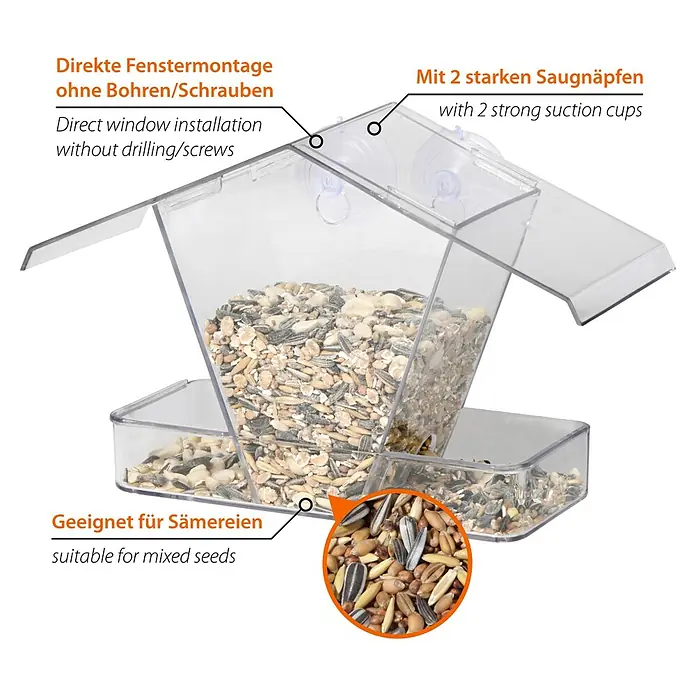 Dobar Vogelhaus - 24 x 9,6 x 15 cm, Holz, Transparent - Ein klarer Fenster-Vogelfutterspender mit Saugnäpfen, der mit einer Vielzahl von Vogelfutter gefüllt ist, um Wildvögel anzulocken.