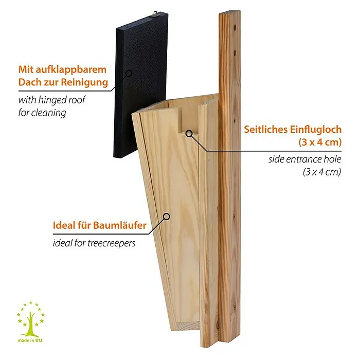 Dobar Nistkasten - Holz, Natur/ Dunkelbraun - Eine Nahaufnahme eines Baumläufer-Nistkastens mit klappbarem Dach zur Reinigung und seitlichem Einflugloch.