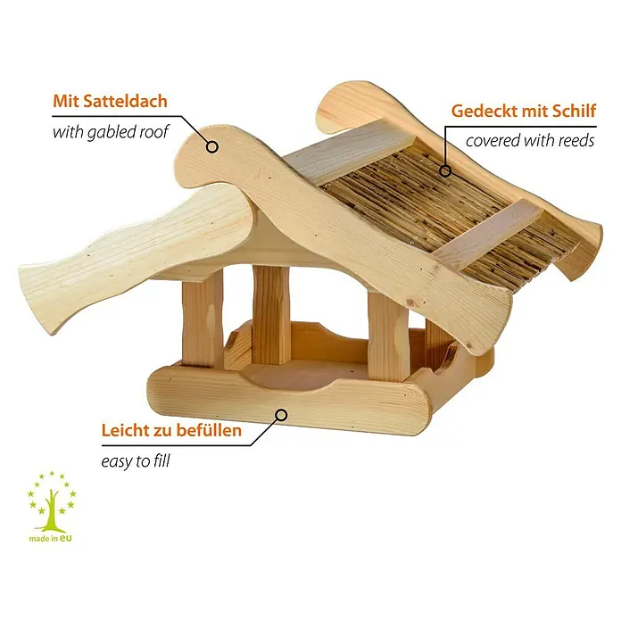 Dobar Vogelhaus - 50 x 44 x 32 cm, Holz, Natur - Ein detailreiches Bild eines Vogelhauses mit Giebeldach und Schilfdeckung, das die einfache Befüllung hervorhebt.