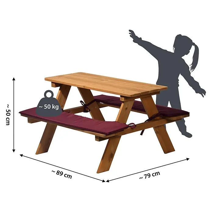 Dobar Kinder-Picknicktisch - L x B x H: 89 x 79 x 50 cm - Ein robuster Picknicktisch aus Holz mit roten Sitzkissen, ideal für den Garten. Er wiegt etwa 50 kg und bietet Platz für die ganze Familie.