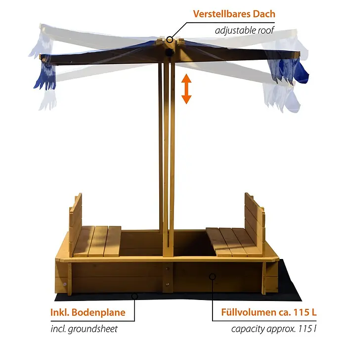 Dobar Sandkasten - 112 x 112 x 112 cm, Höhenverstellbares Dach - Ein hölzernes Karussell mit Sitzen für Kinder zum Spielen im Freien. Das Karussell ist eine tolle Ergänzung für jeden Garten.