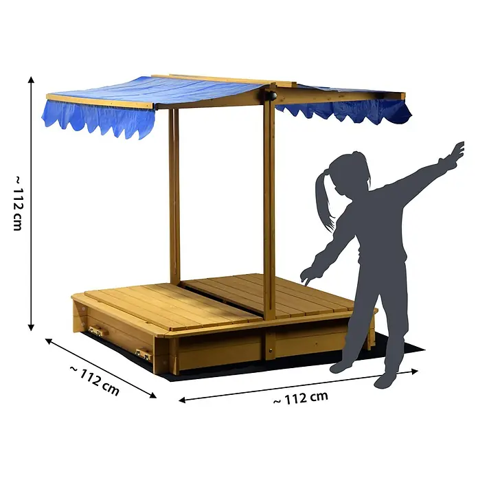 Dobar Sandkasten - 112 x 112 x 112 cm, Höhenverstellbares Dach - Holzsandkasten mit blauem Sonnenschutz für Kinder. Ideal für stundenlangen Spielspaß im Freien. Robust und langlebig.