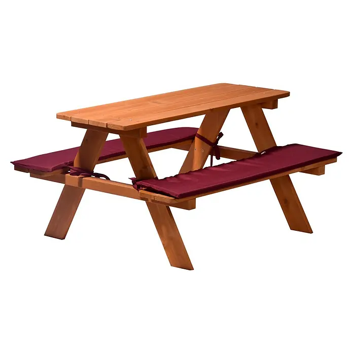 Dobar Kinder-Picknicktisch - L x B x H: 89 x 79 x 50 cm - Ein Picknicktisch aus Holz mit rotbraunen Sitzkissen, ideal für den Garten oder die Terrasse. Bietet Platz für gesellige Stunden im Freien.